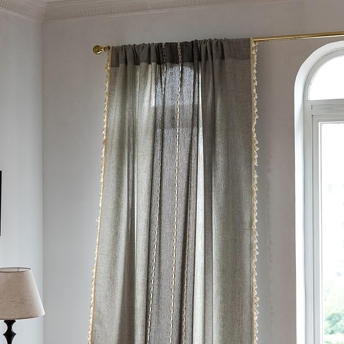 Sutuo Home Boho Curtains 96 inch for Bedroom Living Room, Semi Blackout Linen Farmhouse Shabby Chic Tassels Window Treatment Bohemian Embroidery Drape, Rod Pocket 1 Panel 52" W x 96" L, Gray Linen