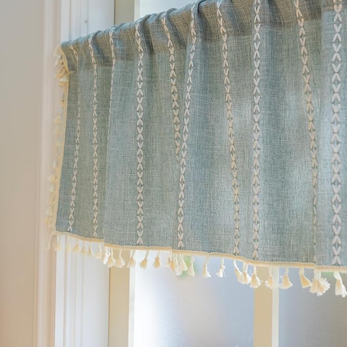 Sutuo Home Boho Linen Curtains Valance for Windows Tiers, Bohemian Short Curtains Light Filtering Country Vintage Tassels Window Treatment Long Stripes, Rod Pocket 1 Panel 52" W x 18" L, Greyish Blue