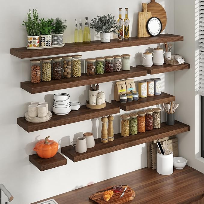 30 Inch Floating Shelves for Wall, 8 Inch Deep Floating Shelf for Storage & Display, Rustic Wall Mounted Shelf with Invisible Brackets for Living Room, Kitchen, Bathroom, Home Decor, Set of 2, Walnut