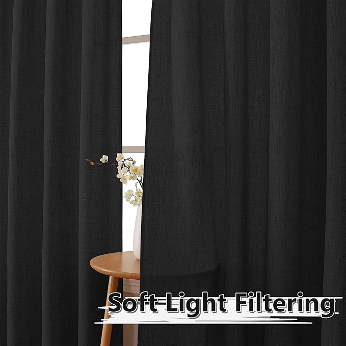 Tollpiz Short Linen Curtains Bedroom Rod Pocket Semi Sheer Curtain Burlap Light Filtering Thick Linen Drapes for Living Room, 38 x 45 inches Long, Black, Set of 2 Panels