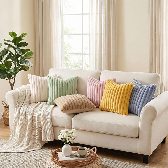 Pallene Faux Fur Plush Lumbar Throw Pillow Covers 12x20 Set of 2, Luxury Soft Fluffy Striped Decorative Pillow Covers for Sofa, Couch, Living Room, Mustard Yellow