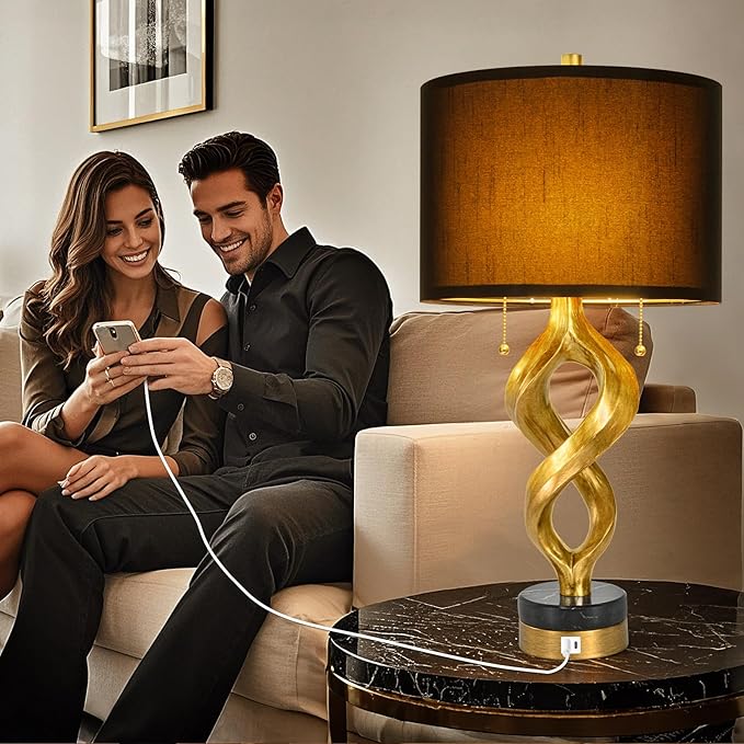 Sculptural Table Lamp Set of 2 for Bedroom, 26” Gold Leaf Farmhouse Bedside Lamps for Living Room, Pull Chains Switch Rustic Nightstand Lamp Marble Base with USB for Home Room Decor (Bulbs Included)