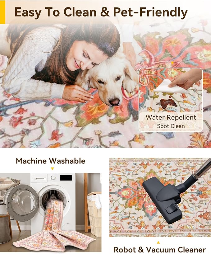 Area Rugs 2'x8' Washable Non-Slip, Floral Vintage Distress Print Pattern Medallion Carpet for Living Room Bedroom Dining Room, Light Pink Colorful