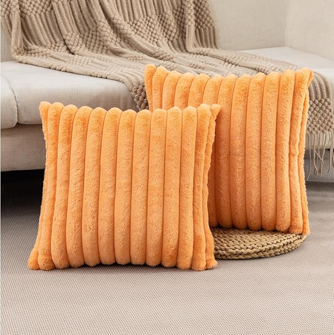 ZLINA Set of 2 Orange Faux Fur Decorative Throw Pillow Covers Fluffy Striped Pillowcase Cushion Covers 24 x 24 Inch Decor Sofa Couch Bedroom