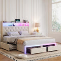 Queen LED Bed Frame with Storage Headboard & Charging Station, Velvet Fabric Platform Bed Frames with 4 Drawers, No Box Spring Needed, Button Tufted Upholstered, Beige