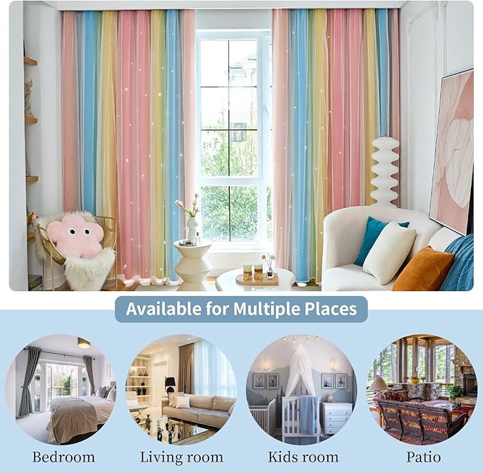 Star Curtains Blackout Curtains for Bedroom Cute Curtains Kids Curtains Rainbow Curtains, Curtains 96 Inches Long 2 Panels, Red & Yellow & Blue Curtains, 52 X 96 Inches