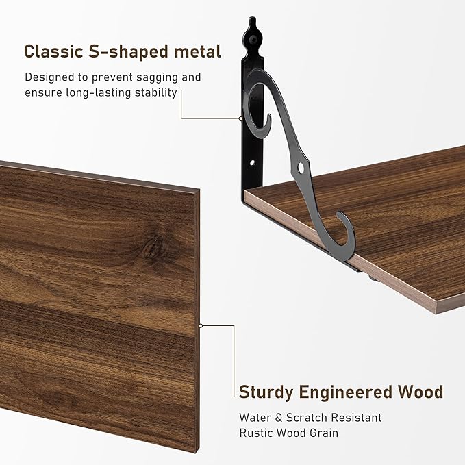 Dreamland Deep Floating Shelves, 55" W x 12" D Wall Shelves Set of 2, Wide Display Shelf Wall Mounted with Brackets, Bookshelf for Living Room, Bathroom, Bedroom, Walnut