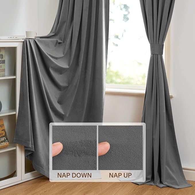 StangH Grey Velvet Curtains 90 inches - Luxury Room Darkening Thermal Insulated Window Treatment Heat Blocking Privacy Drapes for Bedroom/Dining Room, W52 x L90, 2 Panels