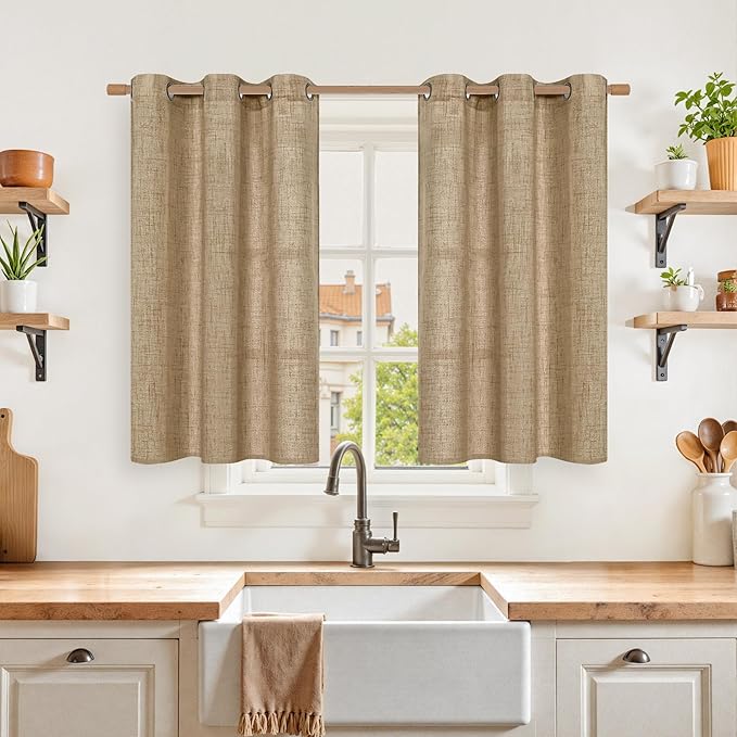 YoungsTex Burlap Linen Curtains 40 Inch Long for Kitchen Cafe Window, Short Semi Sheer Drapes Textured with Bronze Grommet Light Filtering for Bathroom Bedroom, Toffee, 2 Panels, 42 X 40 Inch