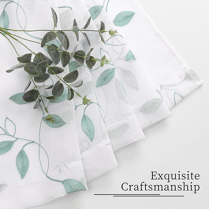 Tollpiz Teal Blue Leaf Sheer Curtain Leaves Embroidered Living Room Curtains Rod Pocket Voile Window Treatment for Bedroom, 54 x 72 inches Long, Set of 2 Panels