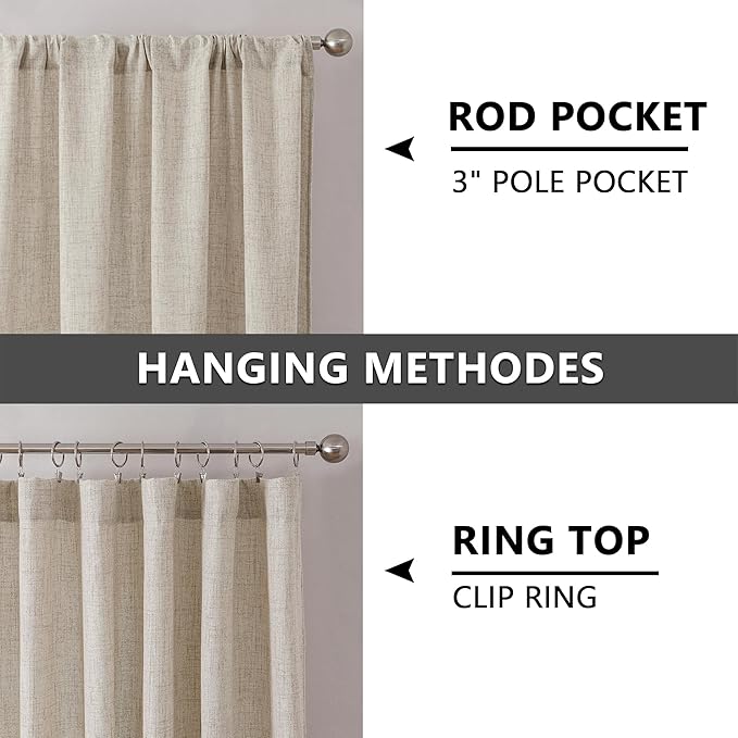 Tollpiz Short Linen Curtains Living Room Rod Pocket Semi Sheer Curtain Burlap Light Filtering Thick Linen Drapes for Bedroom, 54 x 54 inches Long, Natural, Set of 2 Panels