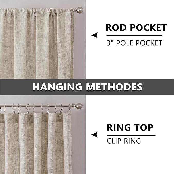 Tollpiz Linen Curtain Living Room Rod Pocket Semi Sheer Curtains Burlap Light Filtering Thick Linen Drape for Bedroom, 54 x 72 inches Long, Natural, Set of 2 Panels