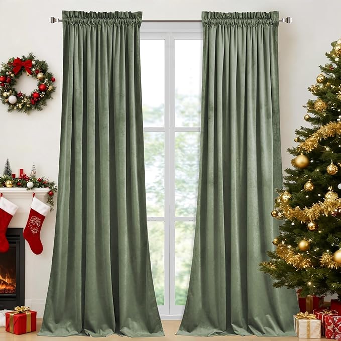 StangH Sage Green Velvet Curtains 105 inches Long Modern Room Darkening Privacy Drapes for Office, Heavy Soft Thermal Insulated Curtains, W52 x L105, 2 Panels