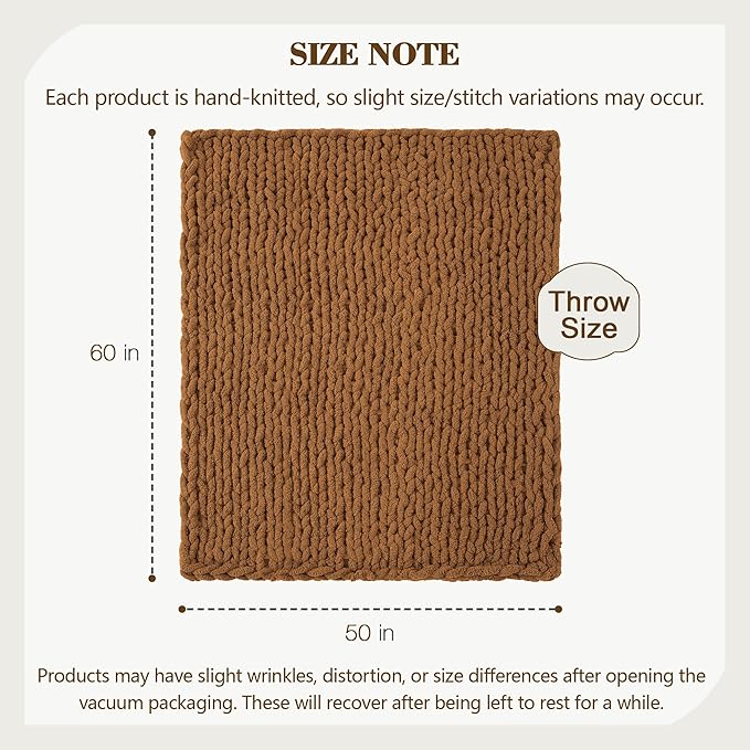 Carriediosa Chunky Knit Throw Blanket 50" X 60", 100% Hand Made Large Chenille Loop Yarn Soft Fluffy Throws for Couch Sofa Bed, Big Crochet Cozy Heavy Thick Cable Woven Blanket, Light Brown