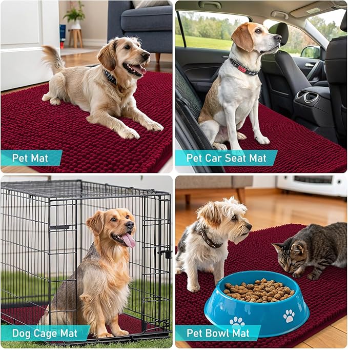 OLANLY Dog Door Mat for Muddy Paws 45x27, Absorbs Moisture and Dirt, Absorbent Non-Slip Washable Doormat, Quick Dry Chenille Mud Mat for Dogs, Entry Indoor Entryway Carpet for Inside Floor, Burgundy