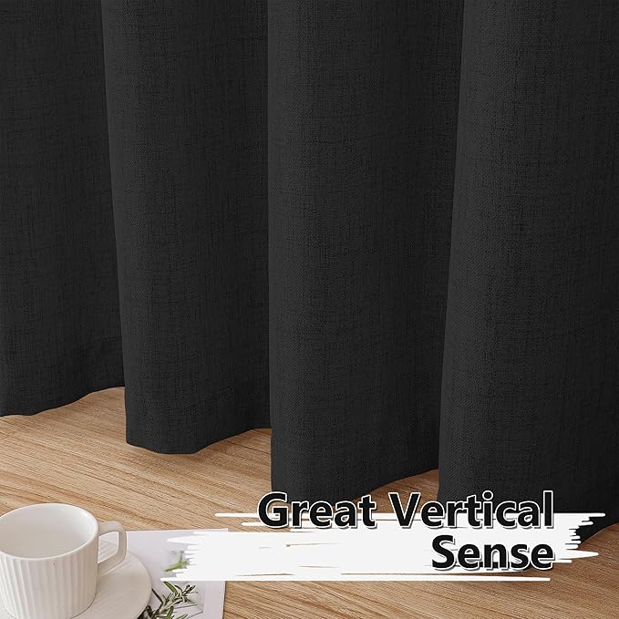Tollpiz Short Linen Curtains Living Room Rod Pocket Semi Sheer Curtain Burlap Light Filtering Thick Linen Drapes for Bedroom, 54 x 54 inches Long, Black, Set of 2 Panels