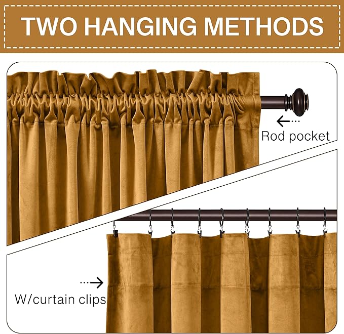 StangH Mustard Gold Velvet Curtains Stylish Autumn Thermal Insulated Drapes for Living Room, Soft Light Blocking Curtains for Bedroom, Vibrant Home Decor, W52 x L94, 2 Panels