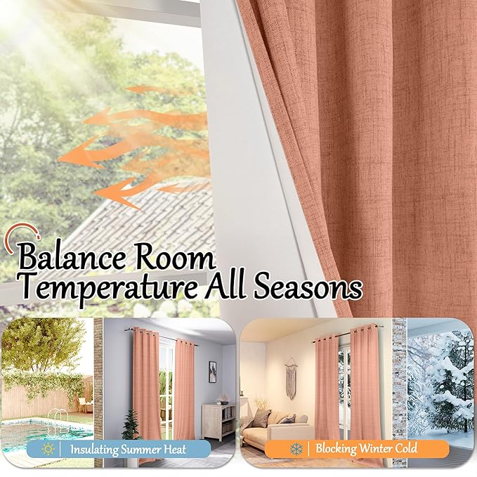 100% Linen Blackout Curtains for Bedroom Living Room 45 Inch Long 2 Panels, Thermal Insulated Light Blocking Soundproof Curtains, Noise Reducing Window Drapes 52x45 Inch 2 Panels, Terracotta