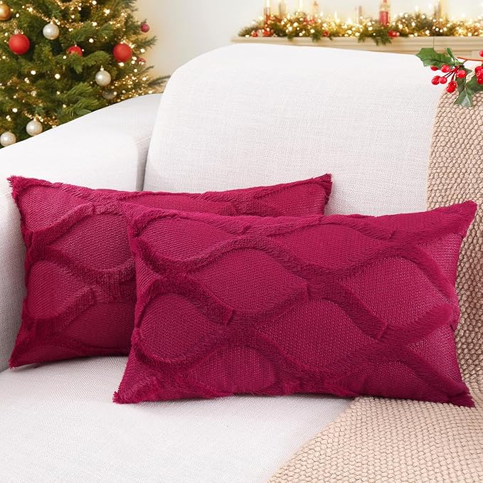 decorUhome Spring Throw Pillow Covers 12x20 Inch Set of 2, Soft Plush Faux Fur Wool Lumbar Burgundy Couch Pillow Covers, Decorative Neutral Pillow Cases for Bed Sofa Living Room Home Decor