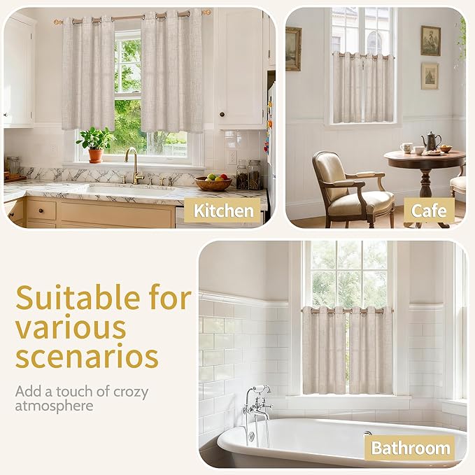 YoungsTex Short Linen Curtains for Kitchen Window with Bronze Grommet, Small Semi Sheer Drapes Light Filtering Natural Rustic for Cafe Bathroom Loft, 2 Panels, 34 x 40 Inch Long