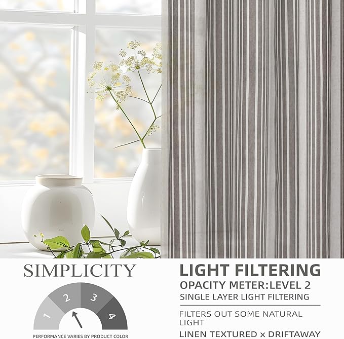 DriftAway Farmhouse Vertical Striped Linen Blend Textured Light Filtering Semi Sheer Curtains for Living Room Bedroom 84 Inches Long Drapes 2 Panels Broad Striped Gray