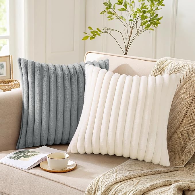 Pallene Faux Fur Plush Lumbar Throw Pillow Covers 12x20 Set of 2, Luxury Soft Fluffy Striped Decorative Pillow Covers for Sofa, Couch, Living Room, Cream White