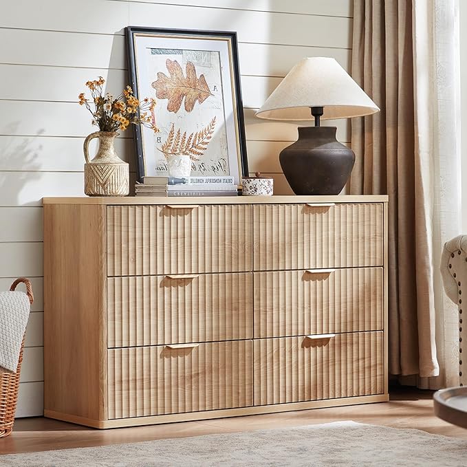 LEYAOYAO 48" Wide Fluted Dresser and 3 Drawers 23" Nightstand Set of 2, Wooden Dresser & Night Stand with Charging Station, 3 Piece Bedroom Furniture Set, Chest of Drawer for Living Room,Natural Wood
