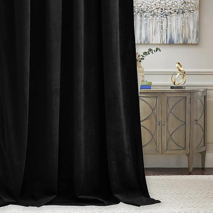 RYB HOME Velvet Room Divider Curtains for Space Separation, Blackout Noise Reduce Barrier for Nursery, Large Window Curtains for Sliding Glass Door, Black, W 62 x L 84, 2 Panels Set