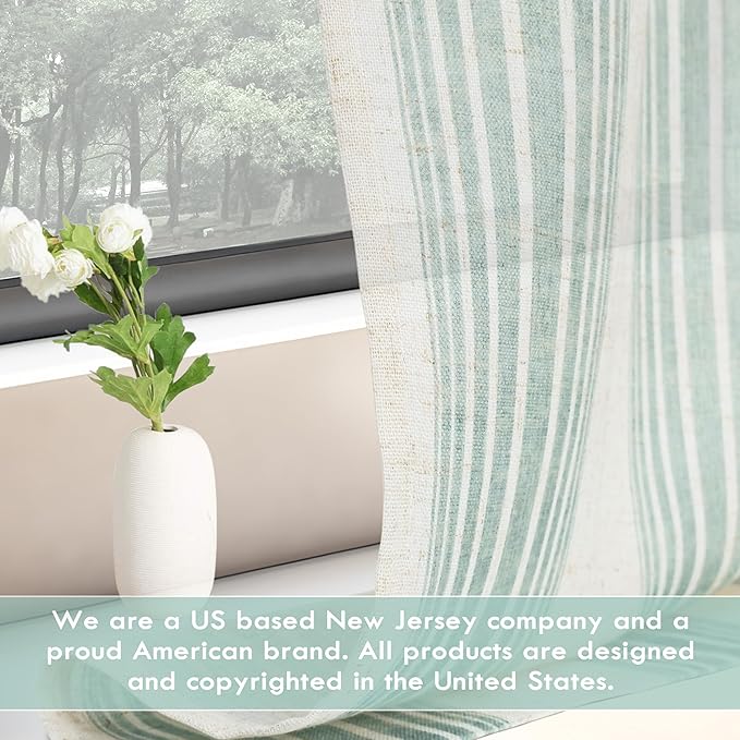 DriftAway Farmhouse Vertical Striped Linen Blend Textured Light Filtering Semi Sheer Curtains for Living Room Bedroom 63 Inches Long Drapes 2 Panels Broad Striped Green