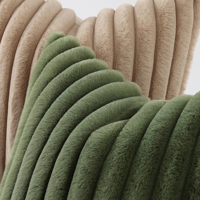 decorUhome Faux Fur Throw Pillow Covers 24x24 Set of 2, Decorative Soft Plush Striped Neutral Couch Euro Pillow Covers with Velvet Back for Sofa, Bed, Living Room Home Decor, Olive Green