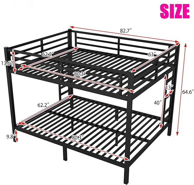 Upgraded Version Thicken Metal Queen Over Queen Bunk Bed, Heavy-Duty Steel Bunk Bed, Best Modern Bunkbed for Adults, Easy Assemble