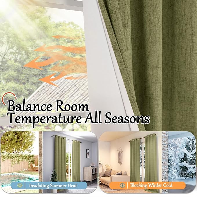 100% Linen Blackout Curtains for Bedroom Living Room 45 Inch Long 2 Panels, Thermal Insulated Light Blocking Soundproof Curtains, Noise Reducing Window Drapes 52x45 Inch 2 Panels, Olive Green