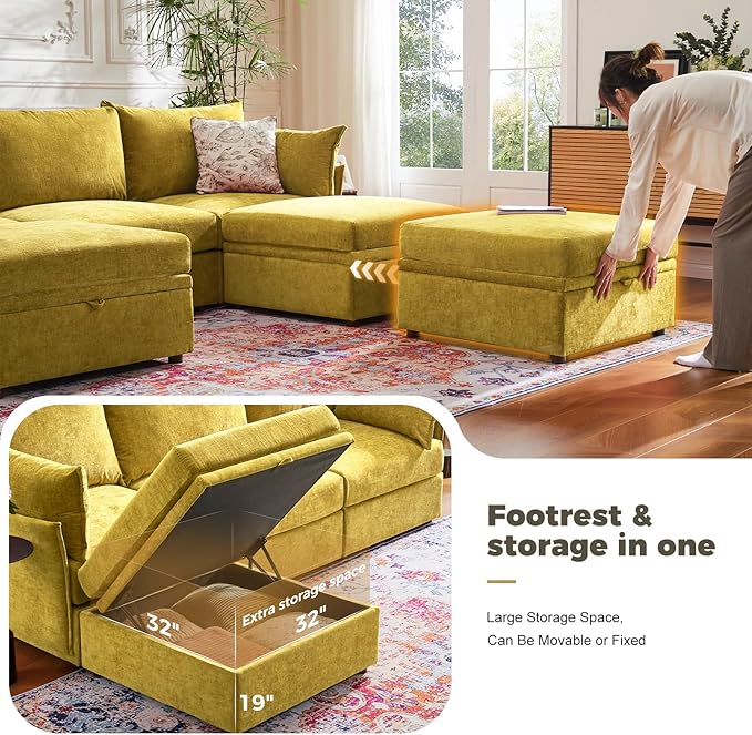 ABCASA 102.6" Modular Sectional Sofa, Oversized 3-Seater Yellow Orange Couch with Removable Chenille Fabric Cover, Deep Seat & High Backrest for Living Room, Office & Apartment
