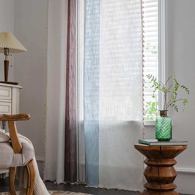 Sutuo Home Boho Curtains 96 inches for Bedroom Living Room, Semi Blackout Linen Farmhouse Tassels Window Treatment Bohemian Embroidery Drape, Rod Pocket 1 Panel 52" W x 96" L, Brown Blue Striped Linen