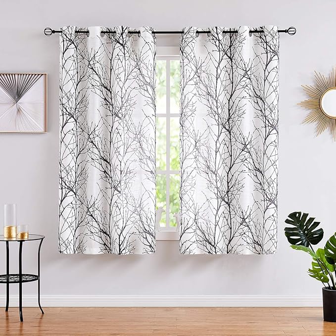 FMFUNCTEX Linen Semi Sheer Curtains for Bedroom, Black White Curtains 45 Inches Long for Living Room, Grey Tree Branch Patterned Curtain Light Filtering Kitchen Window Drapes, Grommet Top 2 Panels