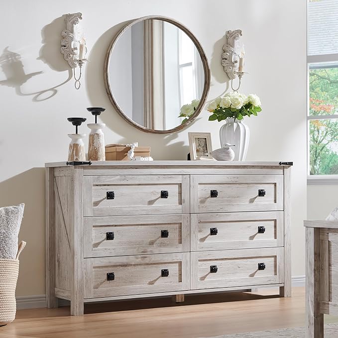T4TREAM Farmhouse 6 Drawers Dresser for Bedroom, Wood Rustic Wide Chest of Drawers, Storage Dressers Organizer for Bedroom, Living Room, Hallway, Antique Brush White