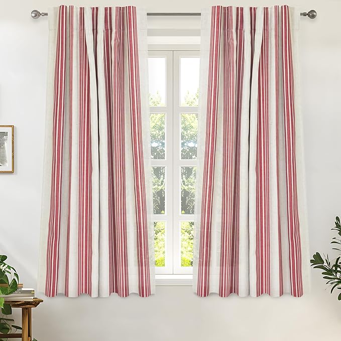 DriftAway Farmhouse Vertical Striped Linen Blend Textured Light Filtering Semi Sheer Curtains for Living Room Bedroom 54 Inches Long Drapes 2 Panels Broad Striped Linen Red