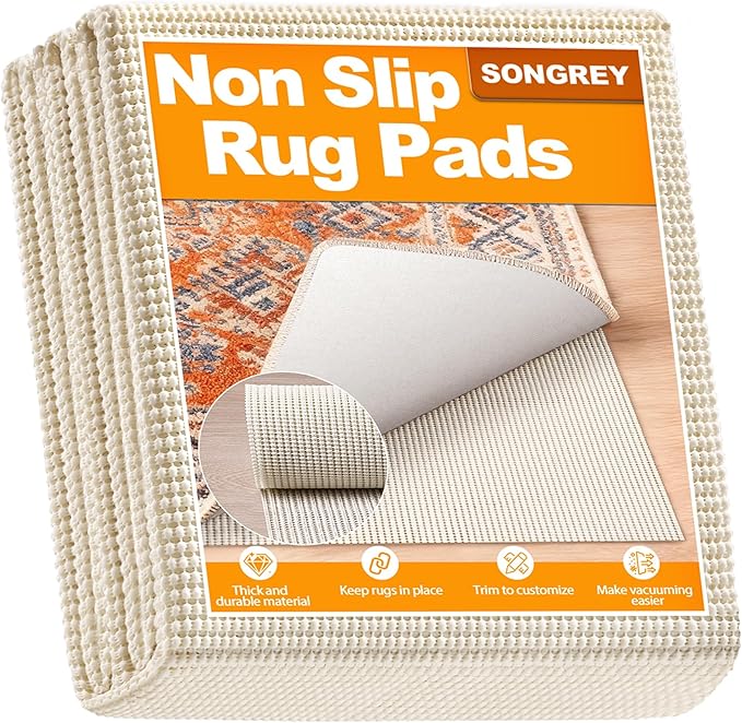 Songrey Non-Slip Rug Pad 10x14 FT, Extra Thick Carpet Pads for Hard Surfaces, Prevents Sliding and Secures Rugs, Provides Floor Protection with Comfort Cushioning
