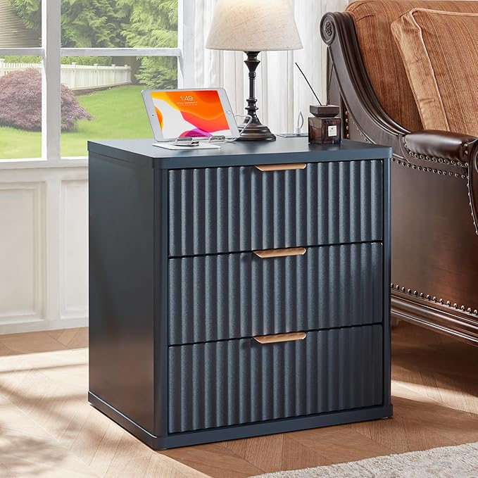LEYAOYAO 48" Wide Fluted Dresser and 3 Drawers 23" Nightstand Set of 2, Wooden Dresser & Night Stand with Charging Station, 3 Piece Bedroom Furniture Set, Chest of Drawer for Living Room,Blue