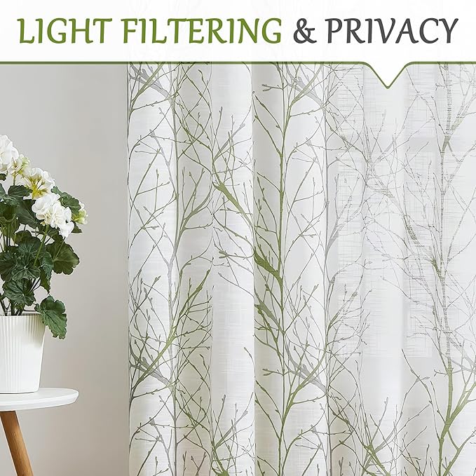 FMFUNCTEX Linen Semi Sheer Curtains for Bedroom, Sage Green White Curtains 96 Inches Long for Living Room, Grey Tree Branch Print Curtain Light Filtering Farmhouse Window Drapes, Grommet Top 2 Panels
