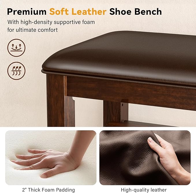 Entryway Shoe Storage Bench with Leather Cushion, Shoe Organizer Bench for Entryway, Ideal for Hallways Front Doors Entrances Mudrooms Featuring Rubberwood And 3 Height-Adjustable and Removable Shelve