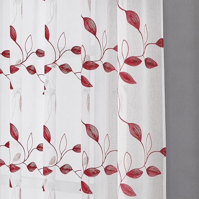 Tollpiz Burgundy Red Leaf Sheer Curtain Leaves Embroidered Bedroom Short Curtains Rod Pocket Voile Window Treatments for Living Room, 38 x 45 inches Long, Set of 2 Panels