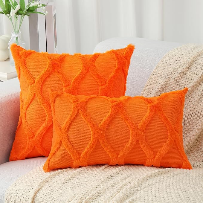 decorUhome Spring Euro Sham Throw Pillow Covers 26x26 Inch Set of 2, Soft Plush Faux Fur Wool Orange Couch Pillow Covers, Decorative Neutral Pillow Cases for Bed Sofa Living Room Home Decor