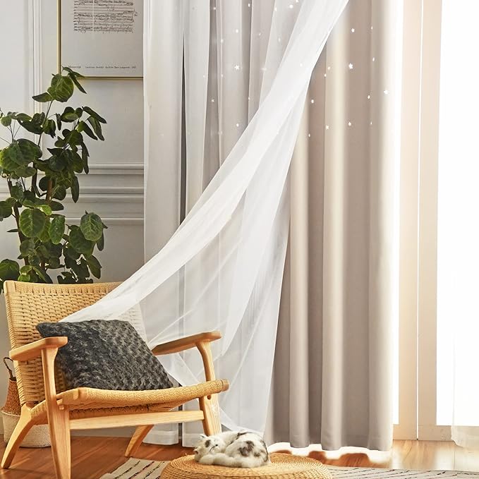 Star Blackout Bedroom Curtains, Beige, 52"W x 63"L, 2 Panels