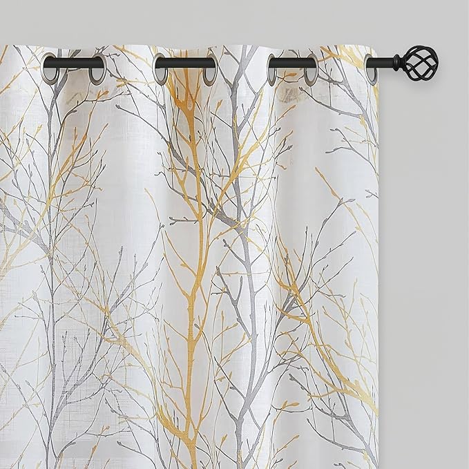FMFUNCTEX Linen Semi Sheer Curtains for Bedroom, Yellow White Curtains 54 Inches Long for Living Room, Grey Tree Branch Print Curtain Light Filtering Kitchen Window Drapes, Grommet Top 2 Panels