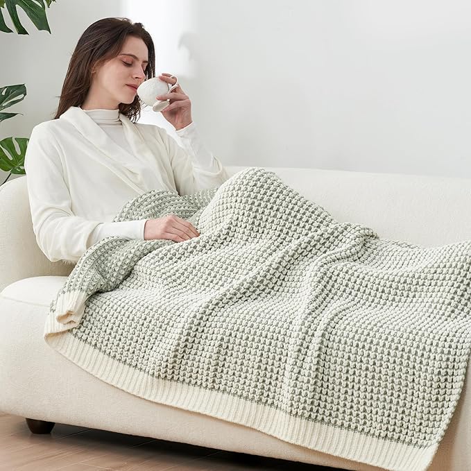 Amélie Home Waffle Chenille Throw Blanket for Couch, Pineapple Stitch Knit Soft Cozy Knit Blanket Decorative Throw for Sofa, Chair, 60 * 80", Sage Green&Ivory