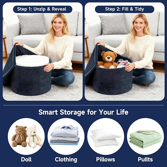 Tiita Stuffed Pouf Ottoman, Round Foot Stool Fluffy Floor Poufs Chair for Living Room Bedroom, Filled Boho Foot Rest for Couch, Blue-Grey
