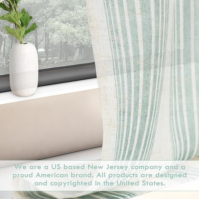 DriftAway Farmhouse Vertical Striped Linen Blend Textured Light Filtering Semi Sheer Curtains for Living Room Bedroom 84 Inches Long Drapes 2 Panels Broad Striped Green
