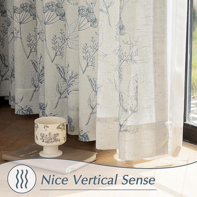 FMFUNCTEX Linen Curtains Floral Patterned Curtain for Bedroom Living Room, Blue Curtains 84 Inches Long Farmhouse, Light Filtering Beige Window Curtain Grommet Top 2 Panels Set