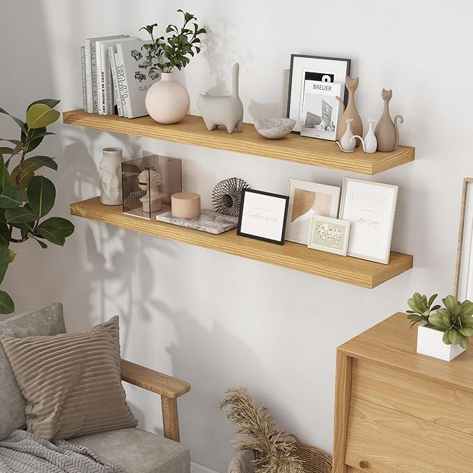 Fun Memories 55 Inch Floating Shelves for Wall, 55x9.3 Large Floating Shelf for Bedroom, Kitchen, Bathroom, Wall Mounted Rustic Wood Shelves with Invisible Bracket for Books, Decor, Oak